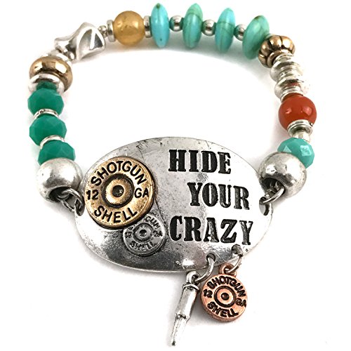 Western Peak Hammered Plate Hide Your Crazy Act Like a Lady 12 Gauge Shotgun Shell Leather Cuff Bracelet Necklace - color: Stretch Bracelet
