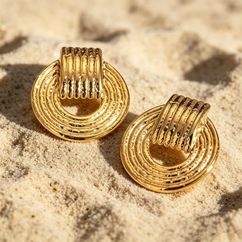 Gold Statement Earrings For Women, 14K Gold Plated Textured Geometric Drop Earrings - Hypoallergenic Stainless Steel Statement Earrings for Women, Waterproof Fan-Shaped Dangle Earrings for Beach & Daily Wear - color: Circle DKE252060GL