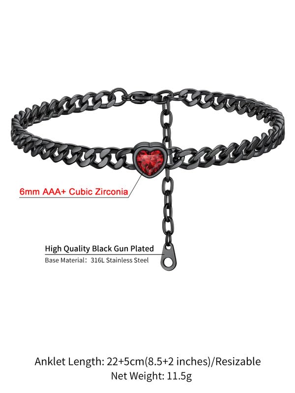 ChainsHouse Cuban Chain Anklets for Women with Heart Birthstone Jan - Dec | Stainless Steel Black Link Chain Ankle Bracelet with Birthstone, Beach Women Anklet 22cm-27cm Adjustable, with Gift Box - color: 01. Jan.-Red Garnet-Black