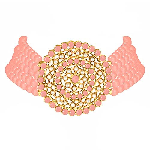 Aheli Pearl Diamond Choker Necklace & Round Earrings Gift for Women Indian Traditional Bollywood Fashion Bharatanatyam jewellery set - color: Peach