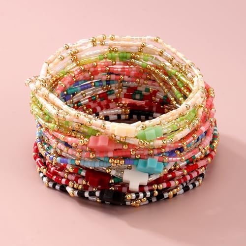 Christian Cross Christmas Stackable Seed Beaded Bracelets for Women, Boho Colorful Healing Stretch Accessories God Christ Pray Faith Amulet Jewelry, Daily Party Holiday Friendship Gift - color: Christmas