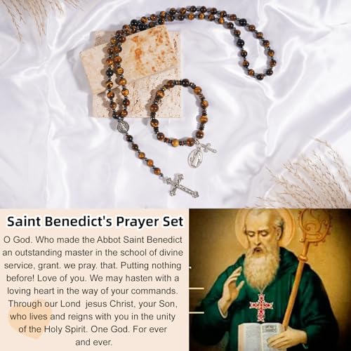 Rosary for Men Women, Natural Stone Beads with St. Benedict Bracelet | 8 mm Natural Stone Prayer Beads with 10 mm Accent Beads, St. Benedict Crucifix, Matching Bracelet, Gift Box and Pouch. - color: Tiger Eye