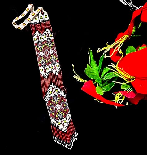 Long Beaded Necklace – Boho Native Handmade Seed Bead Tassel Necklace, Bohemian Large Statement Beaded Necklace for Women - color: Black-Red White