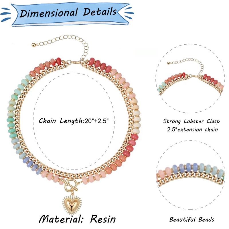 Layered Beaded Necklace for Women, Colorful Acrylic Rainbow Beads | Adjustable Chain & Heart Pendant, Lightweight Bead Necklace for Women, Waterproof Resin, Summer Handmade Jewelry Gift