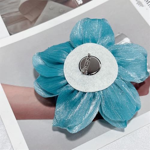 Flash Camellia Flower Brooch Pin for Women Men Elegant Texture Fabric Dahlia Rose Floral Brooches Lapel Pins Dainty Wedding Holiday Party Costume Dress Accessories Jewelry - color: Cyan