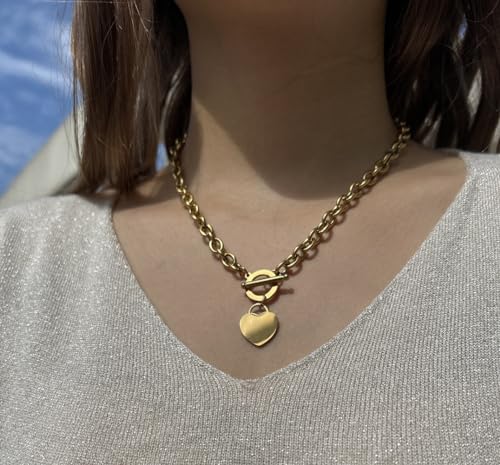 WangGao Elegent Love Stainless Steel Link Chain Blank Heart Charms Necklace for Women Toggle Clasp Closure - color: Gold, size: 17.72inches