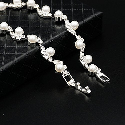 JSEA Womens 4mm Faux Pearl Wave Link Bracelet Silver Rhinestone Bracelets