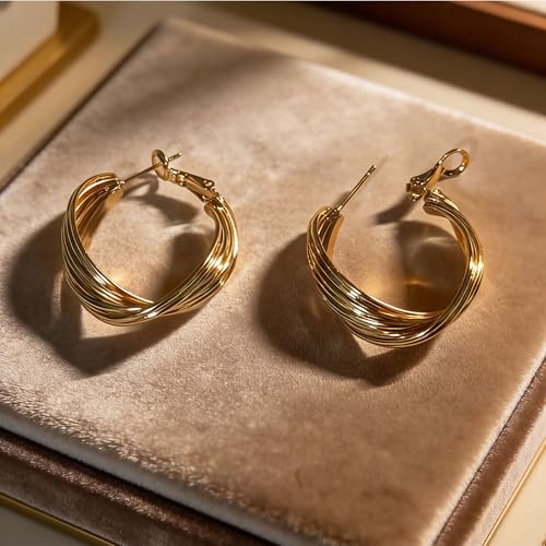 Earrings for Women, Saguine Chunky 14K Gold Plated Hoop Earrings Trendy | Chunky Earring, Big Large U-Shape Drop Twist Dangle Statement Stud Hoops Earrings, Jewelry for Women Gifts - style: Large