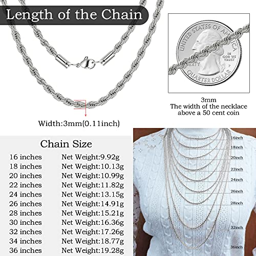 Twist Chain Necklace - Stainless Steel Rope Jewelry for Men & Women - size: 16 Inches, style: 3 mm Wide