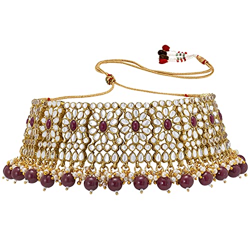 Aheli Faux Pearl Choker Necklace with Earrings Indian Traditional Bollywood Jewelry Set Gift for Women - color: Maroon