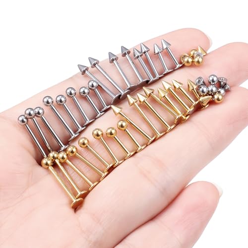 Lcolyoli 32PCS Labret Piercing Jewelry Stainless Steel Snake Bite Jewelry Lip Rings 16G Medusa Monroe Lip Piercing Jewelry for Women Men Bar Length 6mm 8mm 10mm 12mm - color: silvertone+goldtone