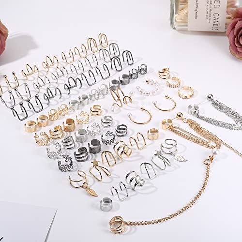 Dochais Ear Cuff Non Piercing for Women Cartilage Clip on Earrings | Gold and Silver Ear Cuffs Helix Cartilage, Fake Earrings, Wrap Earrings, Non Piercing Ear Clip Cartilage - style: B-73 Pcs(Gold/Silver/Black)