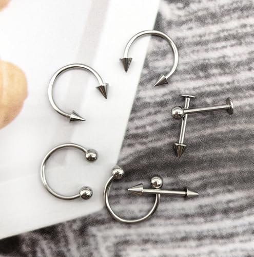 40Pcs Surgical Steel Lip Rings Labret Monroe Barbell Daith Tragus Helix Piercing Septum Nose Ring Eyebrow Body Jewelry for Women Men - color: Silver