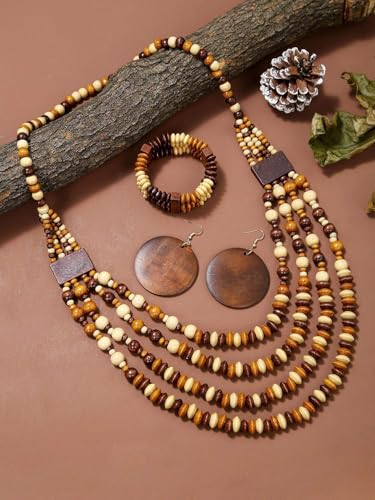 Colorful Ethnic Wooden Earrings Round Statement Dangle Earrings Multilayered Geometric Beaded Bracelet Necklace Set for Women Exaggerated Tribal Jewelry - color: Brown Beige Mixed