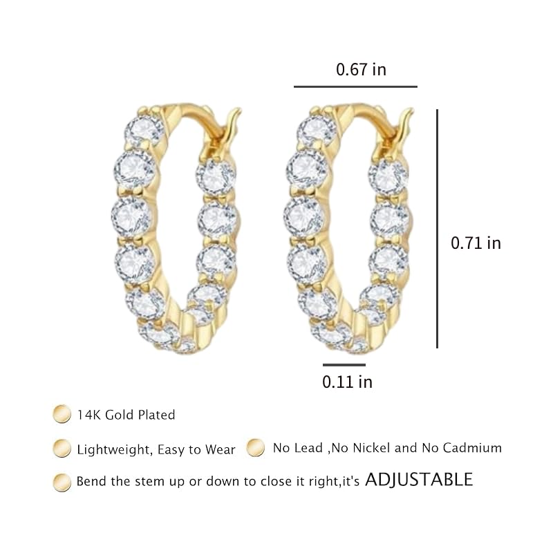 Inside-Out CZ Hoop Earrings, Small Hoop Earrings for Women Huggie Earrings | 14k Gold Plated Huggie Hoop Earrings with Stones for Work, Weekends and Everyday - color: 14k gold