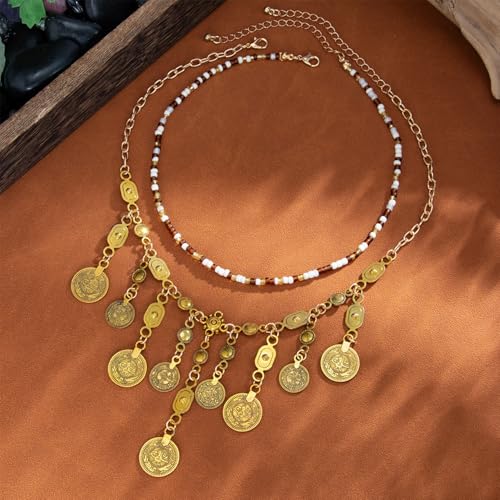 Boho Coin Charm Necklace for Women Layered Gold Coin Beaded Pendant Necklace Pirate Necklace Chunky Coins Tassel Ethnic Gypsy Costume Accessories - style: A.