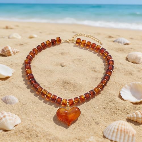 YUJIE Chunky Heart Pendant Necklace for Women- Exaggerated Statement Puff Heart Necklace with Acrylic Beaded Chain - color: amber