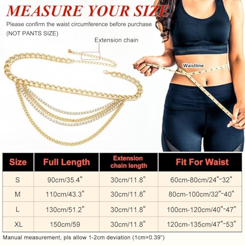 Suyi Multilayer Chain Belt Rhinestone Metal Chain Belts for Women Punk Gold Waist Chain - color: Gold, size: L: 130 CM