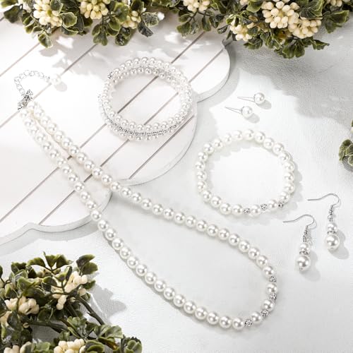 Glenmal Pearl Rhinestone Jewelry Set for Women Pearl Necklace Bracelet Earrings for Wedding Halloween Bridal Shower Tea Party - style: Novel Style