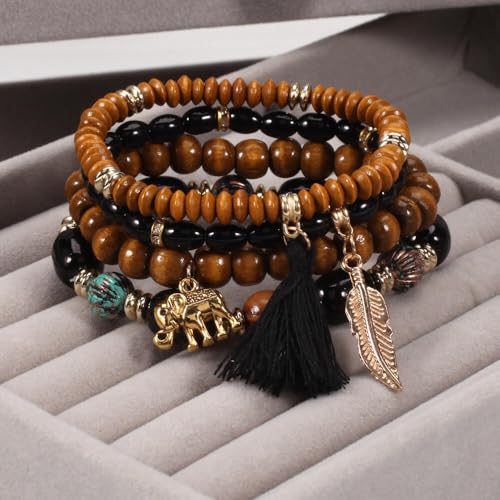 4Pcs Bohemia Multilayer Stackable Elephant Leaf Tassel Bracelets Colorful Wooden Resin Beaded Stretch Bracelets for Women Men Summer Beach Boho Vacation Hawaii Jewelry Gifts - style: StyleE