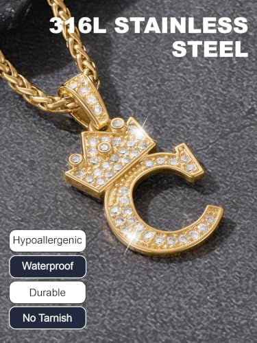 U7 Crown Initial Necklace Men Women, Bling Diamond A-Z 0-9 Letter Pendant with Wheat Chain, Silver/Black/Gold Plated CZ Alphabet Number Hip Hop Jersery for Father Husband - color: a. Gold, size: 17. Q