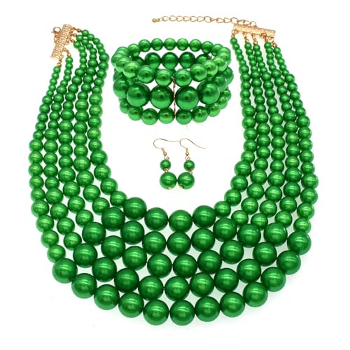 Faux Big Pearl Srand Necklaces for Women 5 Layers Pearls Choker Bib Collar Necklace Bracelet and Earrings set 1920s Costume Pearl Jewelry Bridal Wedding - color: green