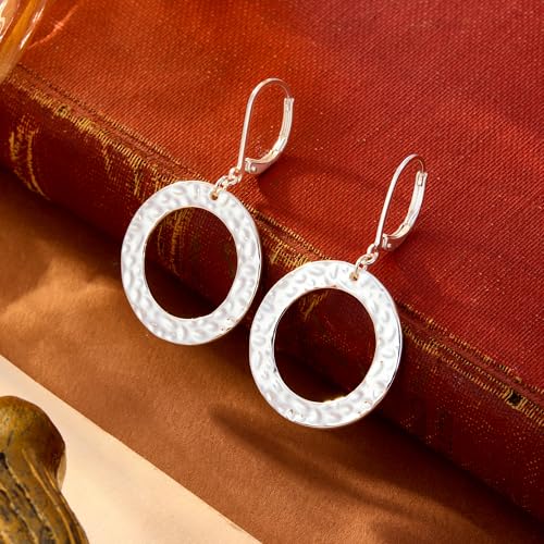 ALEXCRAFT Gold Hammered Double Circle Leverback Dangle Earrings | Hypoallergenic, Drop Handmade, Hammered Round, Minimalist Boho - color: C-Silver