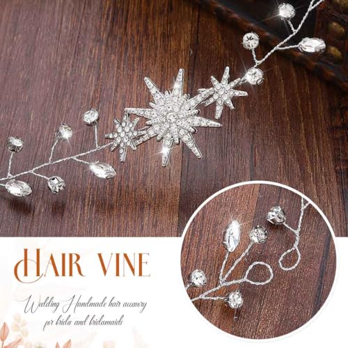 Unicra Star Rhinestone Bride Wedding Hair Vine Gold Bridal Hair Piece Crystal Hair Accessories for Women (21 Inches) - color: Silver