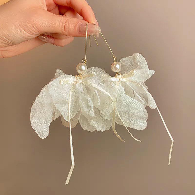 White Tulle Flower Pearl Drop Earrings - Long Lightweight Floral Dangle Earrings with Bow Ribbon, Hypoallergenic Gold Hook Earrings for Women, Fairy Aesthetic Bridal Wedding Statement Earrings Jewelry