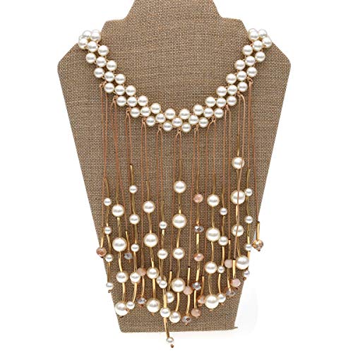 utop JNF Hand made Pearl Statement Necklace for Women Rhinestone Multilayer Crystal Necklaces Chunky Pearl Necklace Large Pearl Necklace and Earrings Set for Mother Mom's gift - color: bib pearl necklace white