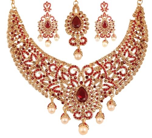 Touchstone Indian jewelry sets for women tikka wedding necklace costume guest statement bollywood rhinestones crystal faux pearls gold big royal neck piece set bridal fashion accessories - color: 1 Red