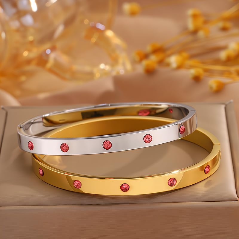 Gold Bangle Bracelet for Women, Stainless Steel Pink Crystal Adjustable Cuff