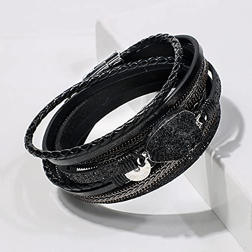 Artilady Leather Wrap Bracelet for Women, Pearl Beaded Bangle Stack Jewelry | Easy on-off, Elegant Handmade Multi-Layered, Daily Casual Date Beach Vacation, Gift for Ladies, Mother, Sister & Friend - style: Black with druzy