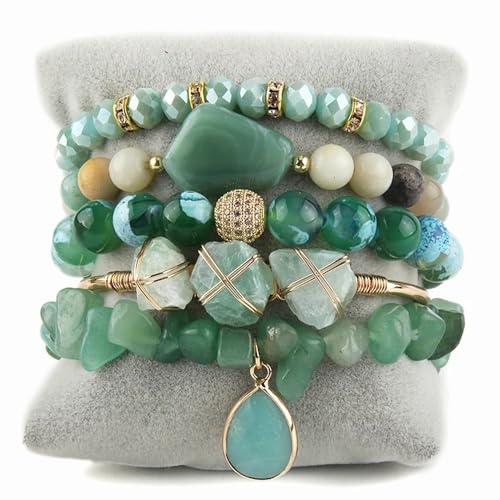 Yomisa 5PCS 6PCS Natural Boho Beaded Bracelets/Bangle for Women Men,Healing Turquoise Jasper Agate Crystal Gemstone Stone Chakra Multilayer Wrap Bohemian Handmade Jewelry Beads Stretch Bracelet Set - color: 5PCS-Sea green