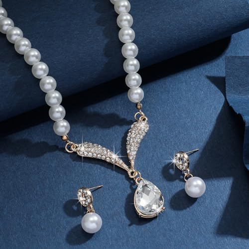 Pearl Necklace and Earring Set for Women,Pearl Jewelry Set Fake Pearls Necklace Imitation Beaded Collar de Perlas Para Mujer Necklaces for Prom Bridesmaid Costume Accessories - color: A-Gold