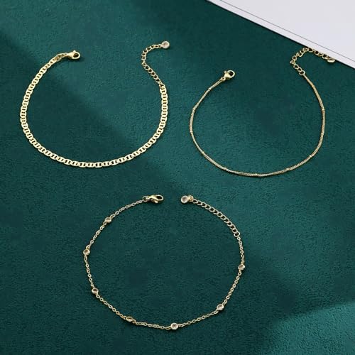 MFRYK Gold Ankle Bracelets for women,14k Gold/Silver Plated Waterproof Layered lightweight Cuban Link Figaro Chain Heart anklet butterfly anklet Pearl Ankle Bracelets Set Gold Anklets for women Trendy Jewelry Gift for Women - style: 3 anklets CZ satellite
