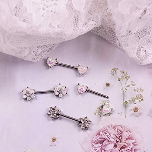 14G Opal Flower CZ Nipple Barbell Nipple Ring Piercing Jewelry for Women - color: silver 2