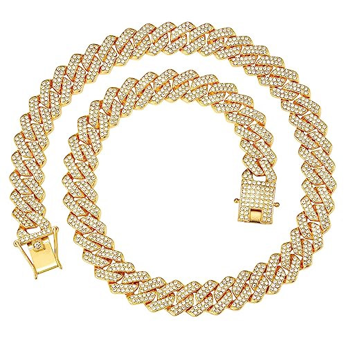 Mens Cuban Link Chain Miami Cuban Necklace 18K Gold Silver Chain For Men Women 14mm Iced Out Hip Hop Jewelry - color: 14K Yellow Gold, size: 16 inches