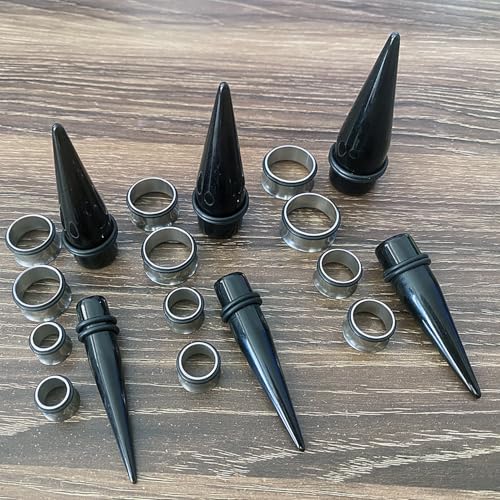 24PC Ear Gauge Stretching Kit Acrylic Tapers and Surgical Steel Tunnels Plugs 00G-20MM Gauge Stretching Kit - color: Black Silver