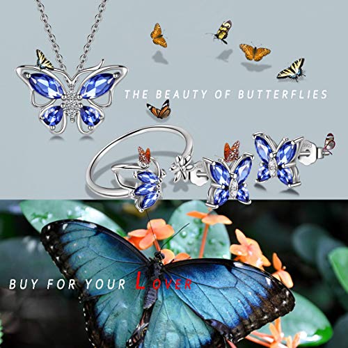 925 Sterling Silver Birthstone Butterfly Jewelry Women Crystal Animal Cute Butterflies Birthday Necklace/Earring/Ring/Bracelet Sets Birth Stone Statement Anniversary Jewellery - color: 2-L.December-Tanzanite