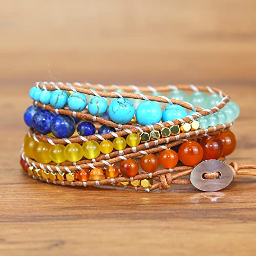 Boho Wrap Bead Bracelet for Women - Handmade Adjustable Natural Stone Beaded Bracelets Yoga Healing Bracelet Bangle Hippie Jewelry - color: Chakras