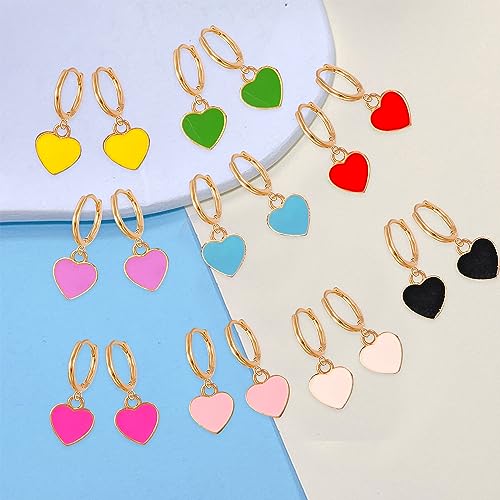 GBAHFY 9 Pairs Heart Dainty Huggie Hoop Earrings with Dangle for Women Sterling Silver Small Huggie Earring with Drop Charm Set