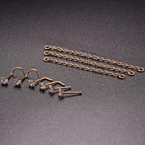 Nose Ring Chain Across Nose Black Stainless Steel Nostril Nose Piercing Chain with Cubic Zirconia Nose Screw Bone L-Shaped Ring for Women Body Piercing Nostril Jewelry with Bridge Chain - color: Gold-Single Nose Chain Studs