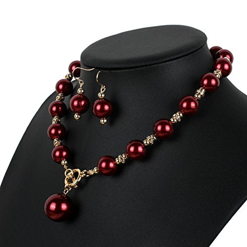 COLORFUL BLING Chunky Multicolor Simulated Pearl Choker Necklace Drop Dangle Earrings Bracelet Set Crystal Bib Big Large Round Beaded Strand for Women Brides Costume Statement 1920s Wedding Jewelry - color: Wine Red