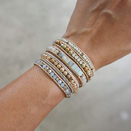 Plumiss Women Boho Handmade Natural Stone Crystal Leather Bead Wrap Bracelets Collection - style: White Stylish 5W
