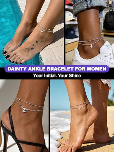 Richsteel Initial Ankle Bracelets for Women Waterproof, 14K Gold Plated/Silver Stainless Steel Anklets, Dainty Adjustable Layered Anklets with Bubble Letter, Non Tarnish Summer Beach Jewelry with Gift Box - color: I-Silver