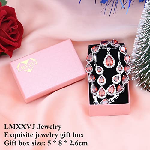 LMXXVJ Necklace Long Earrings Bracelet Set, White Gold Plated Created Blue Sapphire Jewelry Set Wedding Party Gift Jewelry for Women Bridal Bridesmaid - color: Garnet Red
