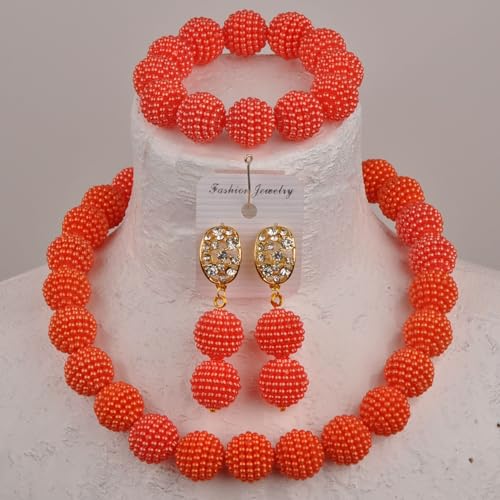 Nigerian Wedding African Beads Jewelry Set Women Simulated Pearl Necklace and Earrings - color: Orange
