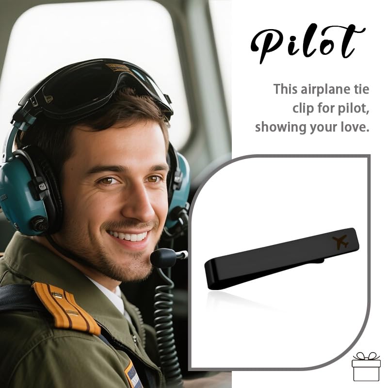 Mens Airplane Tie Clip for Boyfriend Husband Son Flight Attendant Accessories for Men - style: Black base model