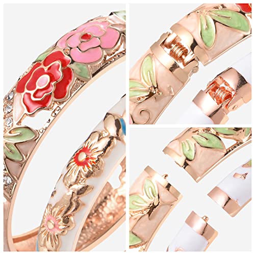 UJOY Cloisonne Bangle Colorful Enamel Filigree Rose Flower Hollowed Crystal Bracelet for Women Gifts 88A09 - color: C06-2 Pcs Set/Rose-White